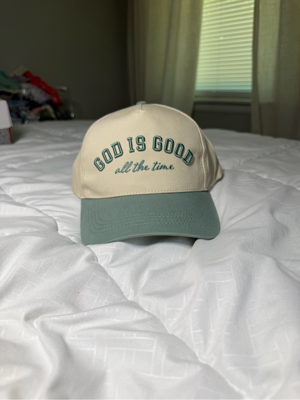 Embroidered 'God Is Good' Baseball Cap - Cream & Sage